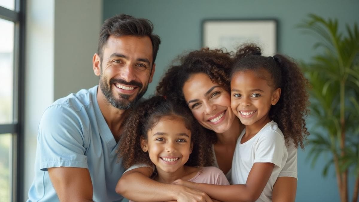 Família brasileira sorrindo e feliz, representando a tranquilidade de ter acesso a cuidados de saúde acessíveis