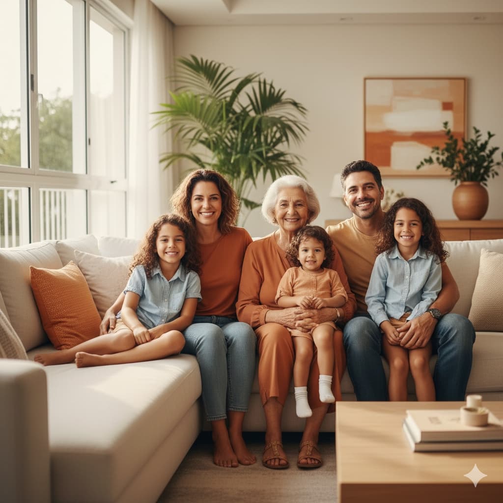 Família multigeracional reunida - avó, pais e crianças